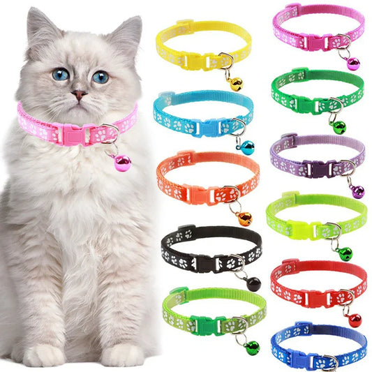 Adjustable Pet Cat Bell Collar with Paw Print – Fun Multiple Colors