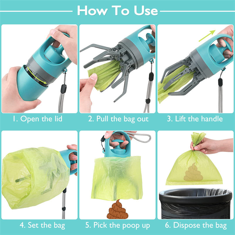 Portable Dog Pooper Scooper with Built-in Bag Dispenser & Eight-Claw Shovel